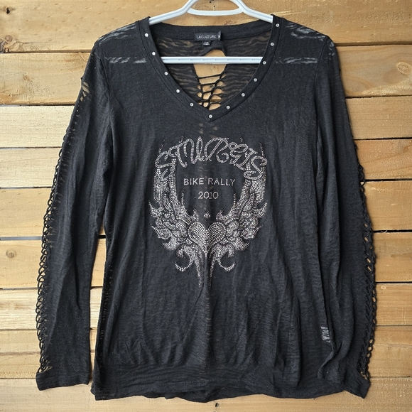Laculture Tops - LACULTURE Sturgis Bike Rally 2010 Rhinestone Long Sleeve Cut Out Shirt Womens XL